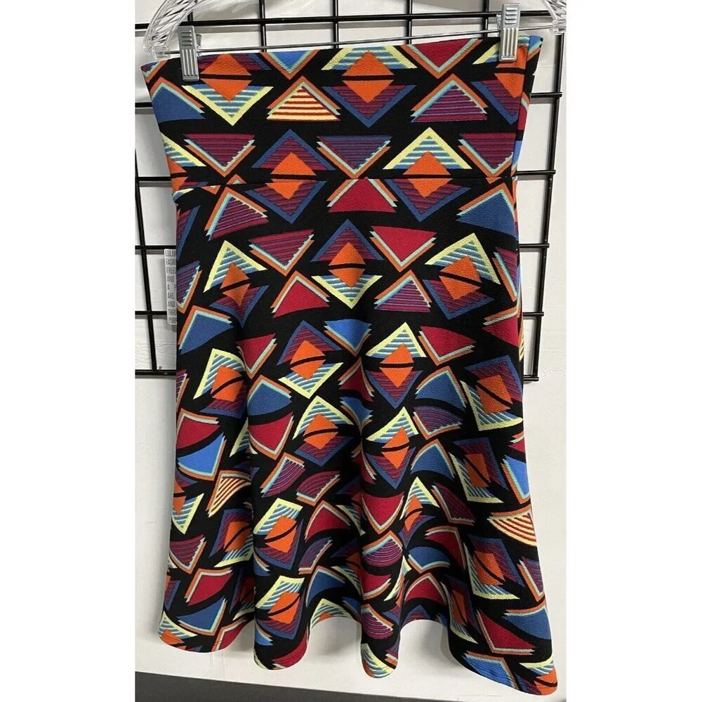 LuLaroe Azure A-Line Knee Length Skirt Black Orange Blue Geometric Womens Medium - Picture 3 of 5